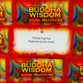 Buddha Wisdom kortų rinkinys Divine Masculine, ryški raudona ir spalvota pakuotė, priekyje pavyzdinė korta apie džiaugsmą dalinant