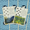 Lenormand kortos, dvi atviros kortos „Mountain“ ir „Garden“ išdėstytos pakreiptos ant melsvų ornamentuotų nugarėlių