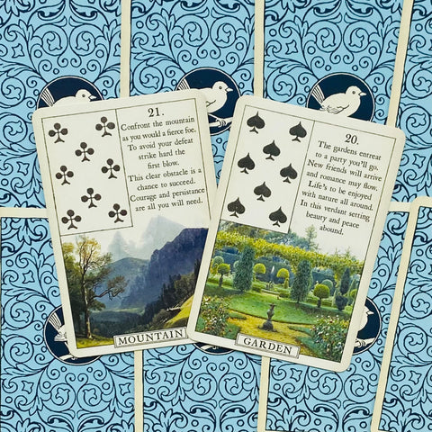 Lenormand kortos, dvi atviros kortos „Mountain“ ir „Garden“ išdėstytos pakreiptos ant melsvų ornamentuotų nugarėlių