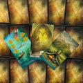 Tarot kortos pentaklių serija: išdėstyti 4, 5 ir 6 pentaklių kortos ant nugarėlių su auksine žvaigžde