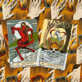 Tarot kortos, dvi iliustruotos Rider–Waite kortos: XV Velnias raudonais motyvais ir XIV Temperance ant raštuoto fono
