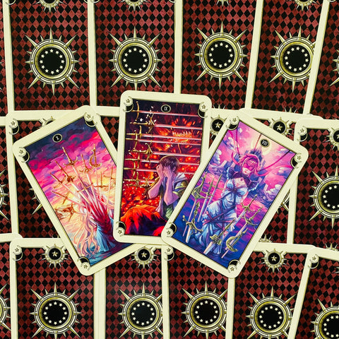 tarot kortos su trimis ryškiomis kardų tematikos iliustracijomis (raudona, violetinė, mėlyna) ant bordo‑juodų nugarėlių