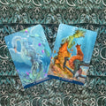 tarot kortos dvi atverstos: Transformation su gulbe ir mėlyna palete, Discernment su rudeniniais lapais