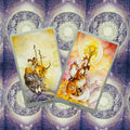 tarot kortos — du atviri variantai (Two of Wands ir Ace of Wands) su šiltomis geltonai-raudonomis iliustracijomis ir mėnulio raštu ant nugarėlės