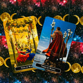 tarot kortos rinkinys — dvi atviros kortos (Four of Wands ir Three of Wands) ant kosminio fono, detalus piešinys