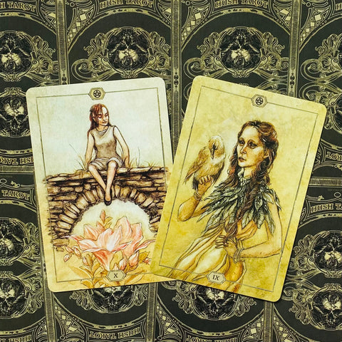 Tarot kortos Hush komplektas: dvi atvertos smėlio tonų kortos (X ir IX) su gėlių ir paukščio motyvais ant juodų nugarėlių