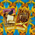 tarot kortos Ace of Scrolls ir Ten of Spirals ant ryškaus mėlyno drugelių fono, detalūs geltoni rėmai ir simbolinė iliustracija
