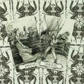 Tarot kortos juodai baltos, atverstos Queen of Cups ir Knight of Cups kortos padėtos ant ornamentuotos kortų nugarėlės
