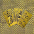 Tarot kortos auksiniu raštu, lazdelės (Wands) rinkinys su blizgia geltona priekine iliustracija ir ornamentuota nugarėle