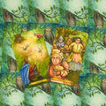 Tarot kortos su pasakų iliustracijomis, dvi atvertos kortos (Five of Spells ir Four of Boons) ant žaliai melsvų nugarėlių, aiškūs detalūs piešiniai