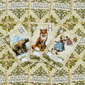Lenormand kortos Old Style kremine dėžute, trys atverstos kortos centre (Lokys, Lapė, Vaikas) su detaliomis iliustracijomis