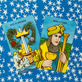 Tarot kortos — retro Rider Waite variantas, parodytos Ace of Swords ir King of Cups ant mėlyno žvaigždėto fono