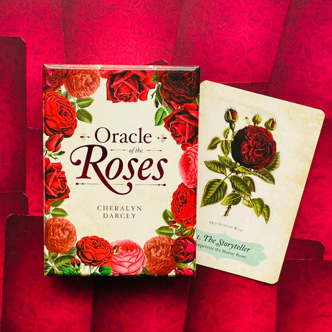 Oracle of the Roses kortų rinkinys, dekoratyvi dėžutė su raudonomis rožių iliustracijomis ir viena atversta korta ant raudono raštuoto fono