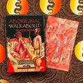 Aboriginal Walkabout kortos – raudonai juoda dėžutė ir viena atversta korta šoniniu kampu, Morgan Fitzsimons iliustracija