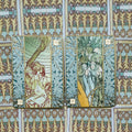 Tarot kortos Art Nouveau stiliaus, dvi kortos (19 ir 20) mėlyno‑žalsvo ornamentuotame fone, detalus piešinys