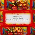 Buddha Wisdom kortos, artimiausias kadras: raudona rėmelio kortelė su įrašu apie žodžių ir minčių valdymą