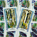 Tarot kortos, dvi atvertos „Staves“ kortos (Six ir Seven) su šviesiai mėlyna rėma, pateiktos iš viršaus gretimai