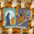 Tarot kortos iliustruotas rinkinys — dvi atviros kortos (XVIII Mėnulis ir XVII Žvaigždė) ant ryškaus rankų kortų nugarėlių fono, parodytas priekis ir dizaino kontrastas