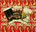 tarot kortos stilingas plokščias išdėstymas: trys ranka iliustruotos kortų veido versijos (4, 3, 2) ant raudono ornamentuoto nugarėlių fono