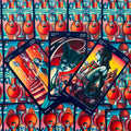 Tarot kortos Pentacles komplektas — trys atverstos kortos su ryškiais raudonais ir mėlynais piešiniais ant kartojamo fono