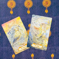 Tarot kortos, atverstos 16 Heron ir 15 Hawk kortos ant tamsiai mėlyno simbolinio fono, skirtingų variantų demonstracija