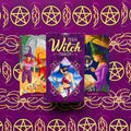 Produktų puslapyje — priekinė Teen Witch Tarot dėžutė centre ant violetinio pentagramų audinio, šone matomos 10 ir 9 Lazdų kortos