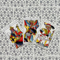 tarot kortos spalvotos Marseille stiliaus, trys atvertos didžiųjų arkanų kortos padėtos ant raštuotų nugarėlių