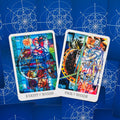 Tarot kortos spalvotos, pristatomos dvi kortos (Knight of Wands ir Page of Wands) ant mėlynos geometrinės nugarėlės