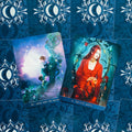 Tarot kortos su ryškiomis iliustracijomis — 10 (Jack and the Beanstalk) ir 9 (The Evil Queen) ant mėlyno fono