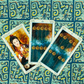 tarot kortos – rytietiško stiliaus mėlyno ir aukso dizaino komplektas su trijų kortų išklotine (9,10, riteris)