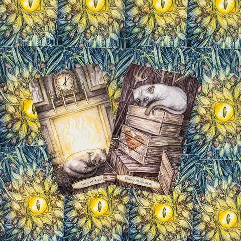 tarot kortos, dvi atverstos kortos: Keturi kalavijai (katė prie židinio) ir Trys kalavijai (katė ant dėžių) ant raštuotos nugarėlės