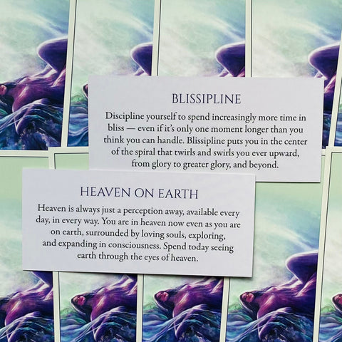 kortos: dvi žinučių kortelės su tekstais „Blissipline“ ir „Heaven on Earth“, padėtos ant violetinio–žalsvo meninio fono