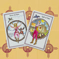 tarot kortos su dviem atverčiamos kortomis — Seven of Pipes ir Eight of Pipes, ryškios rožinės figūros ant geltono dekoratyvinio fono