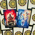 tarot kortos – ryškios raudonos Fudō Myō-ō ir mėlynos Nikko Bosatsu kortos, vertikalus poros išdėstymas produkto peržiūrai