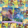 tarot kortos su ryškiomis akvarelinėmis iliustracijomis — dvi priekinės kortos "Perfect Setting" ir "Breakthrough", kampu persidengiančios ant drugelių nugarėlių