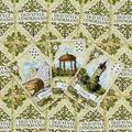 Lenormand kortų komplektas Old Style su kreminiu dėklu ir trimis atverstomis kortomis — Bokštas, Sodas, Kalnai, ornamentuotame fone