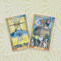 Tarot kortos dvi kortos Jerusalem ir Baalbek ant šviesaus raštuoto fono, išdėstytos šiek tiek pasvirusios