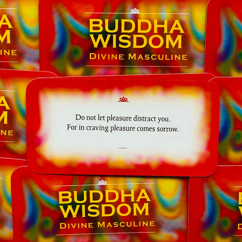 Buddha Wisdom kortų rinkinys Divine Masculine, raudonas dėklas su spalvotu fonu ir korta su anglų citata apie malonumą