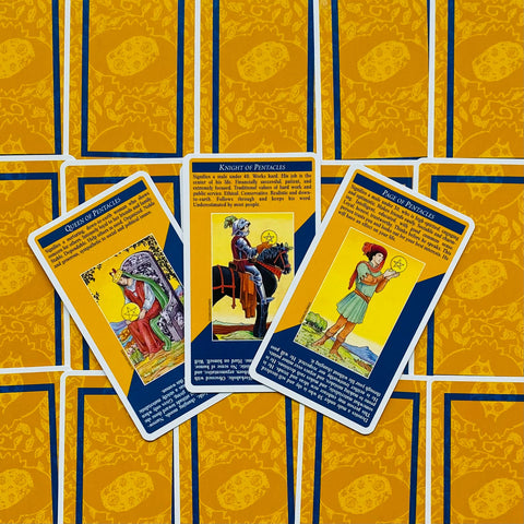 tarot kortos – geltonai mėlynas pentaklių komplektas su trimis atverstomis kortomis centre, rodantis skirtingus piešinius ir apmušalus
