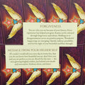 kortų rinkinys su violetiniu fonu ir sparnų motyvais, parodytos tekstinės kortos Forgiveness ir Message from Your Higher Self, skirtos savirefleksijai