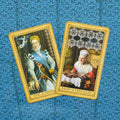 tarot kortos, dvi kortos (Nine of Pentacles ir Eight of Pentacles) parodytos iš priekio, sudėtos ant mėlyno raštuoto fono