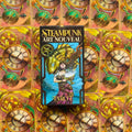 Tarot kortos Steampunk Art Nouveau — juoda dėžutė su moters iliustracija, centrinė priekinė pusė ant laikrodžių fono