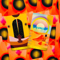 Tarot kortos rinkinys su King of Cups ir Queen of Cups kortomis, ryškios oranžinės nugarėlės ir saulės motyvas
