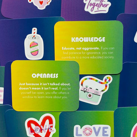 Motyvacinės kortelės žaliai‑geltonu gradiento fone, rodoma „Knowledge“ ir „Openness“ kortelės su lipdukais, skirtos įkvėpti ir savęs pažinimui