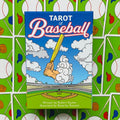 Tarot of Baseball dėžutės priekinis vaizdas, mėlynas dangtis su pakelta geltona lazda, parašė Robert Kasher, iliustravo Beverley Ransom; fone žalių beisbolo kortų galinės pusės