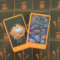 Tarot kortos su oranžiniais kraštais, Page of Cups ir Ten of Cups priekinės iliustracijos ryškiomis spalvomis ant tamsaus fono