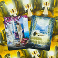 Tarot kortos rinkinys: dvi atverstos kortos „Imagination“ ir „Land of Dreams“ su aukso angelų nugarėlėmis
