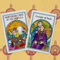 Tarot kortos spalvotos, dvi atviros kortos (Nurturing Lodge of the Bowls ir Exemplar of Bowls) ant geltono raštuoto fono