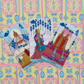 Tarot kortos pasteliniu dizainu — trijų kortų priekiai (8, 9 ir 10 Lazdų) parodyti iš viršaus, matosi unikalus pieštinis motyvas ir nugarėlių raštas