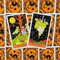 Tarot kortos Halloween rinkinys: dvi atviros kortos (Three of Ghosts, Four of Ghosts) ant oranžinių nugarėlių